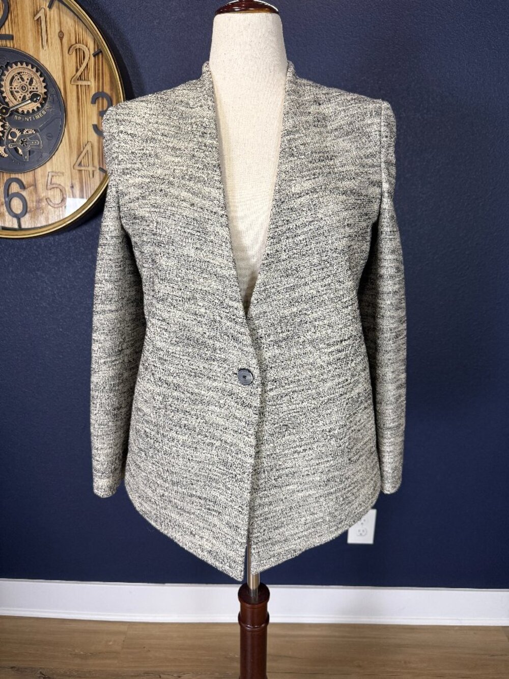 MM Lafleur Black and White Tweed Collarless Single-Button Blazer